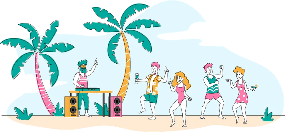 Menschen tanzen bei einer tropischen Strandparty  Illustration