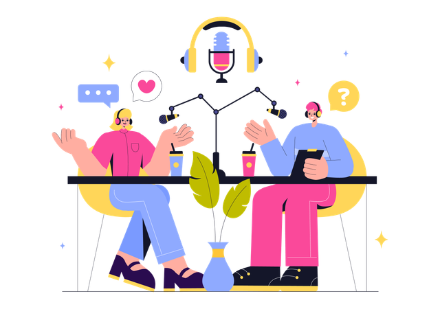 Menschen tauschen Gedanken im Podcast-Studio aus  Illustration