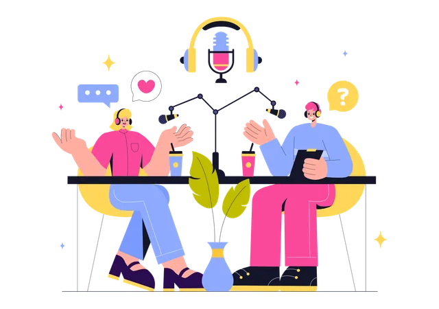 Menschen tauschen Gedanken im Podcast-Studio aus  Illustration