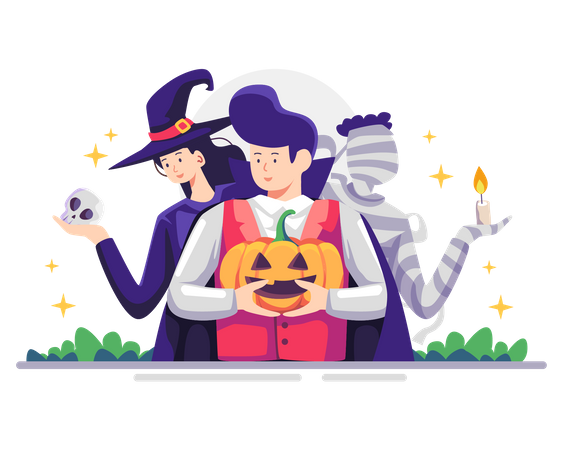 Menschen in Halloween-Kleidung auf einer Party  Illustration