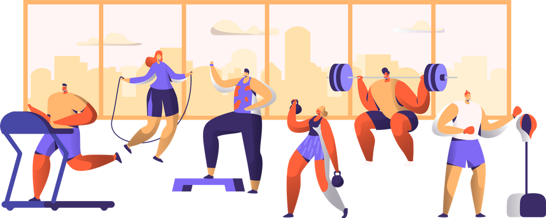 Menschen trainieren im Fitnessstudio  Illustration