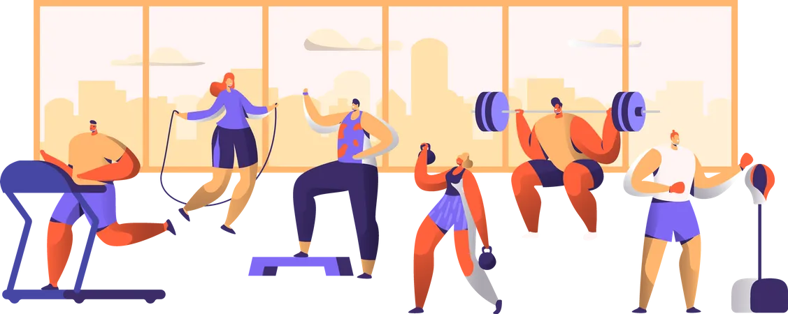 Menschen trainieren im Fitnessstudio  Illustration