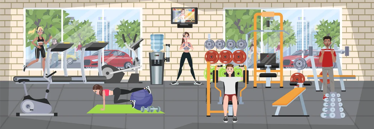 Menschen trainieren im Fitnessstudio  Illustration