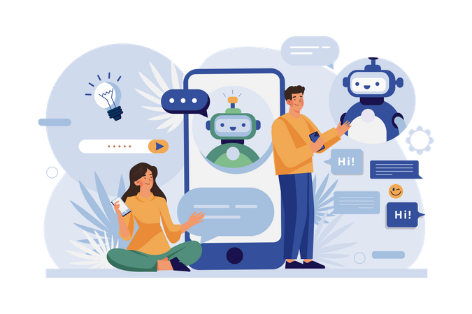Menschen unterhalten sich mit Chatbot-Robotern in Smartphone-App  Illustration