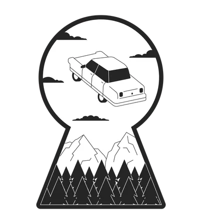 Levitating retro car in keyhole shape  Illustration