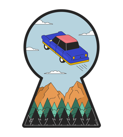 Levitating retro car in keyhole shape  Illustration