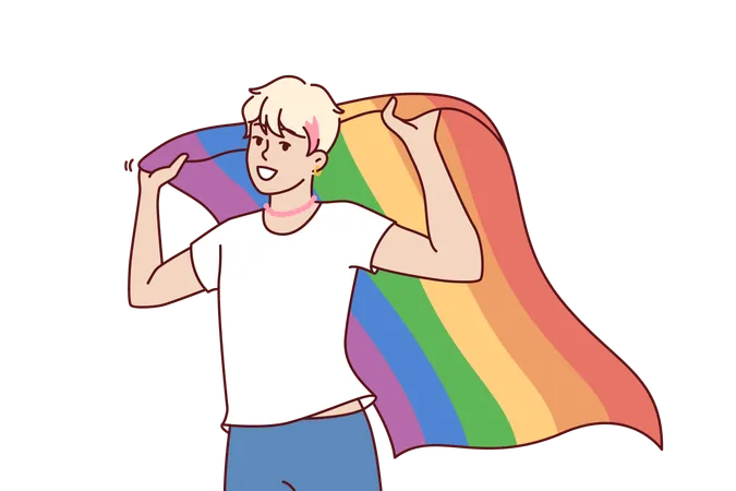 O Cara LGBT Segura A Bandeira Do Arco Iris Anunciando Abertamente A Orientacao Sexual E Participando Do Mes Do Orgulho Ativista LGBT Defende Direitos De Gays Lesbicas E Transgeneros Da Comunidade LGB Tq Ilustração