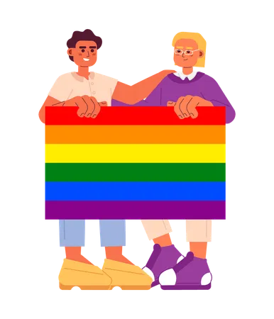 Lgbt Community Semi Flat Color Vector Characters Support For All Genders Editable Full Body Of People Hold Lgbtq Rainbow Pride Flag On White Simple Cartoon Spot Illustration For Web Graphic Design Illustration