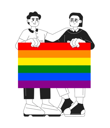 Lgbt Community Monochromatic Flat Vector Characters Editable Thin Line Full Body Of People Hold Lgbtq Rainbow Pride Flag On White Simple Bw Cartoon Spot Image For Web Graphic Design Illustration
