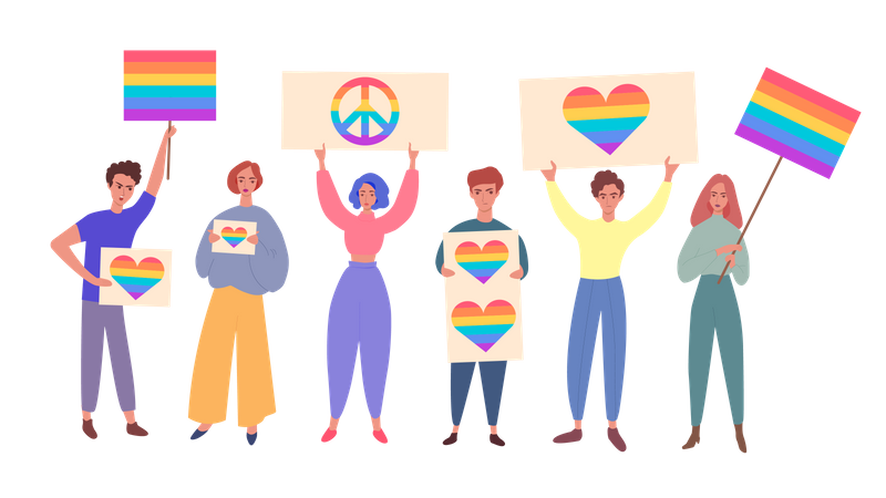 Lgbt community pride concept with people, men and women cartoon characters holding rainbow signs and flags  Illustration