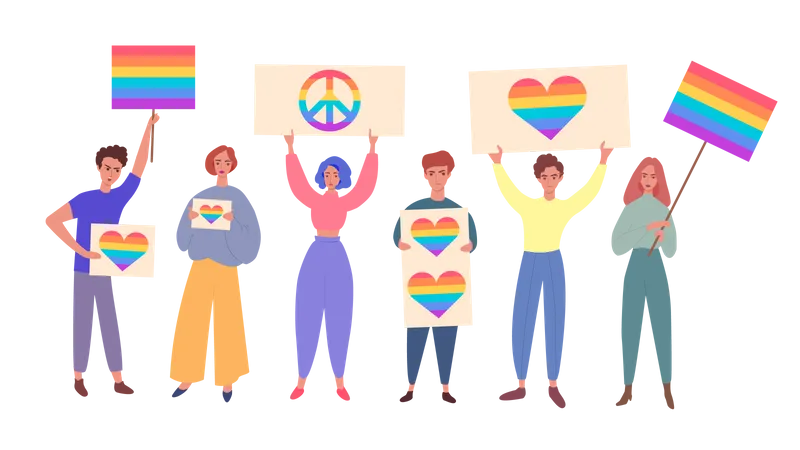 Lgbt community pride concept with people, men and women cartoon characters holding rainbow signs and flags  Illustration