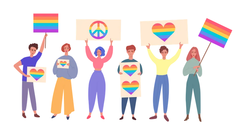 LGBT-Community-Stolz-Konzept mit Menschen, Männern und Frauen-Cartoon-Figuren, die Regenbogenschilder und -fahnen halten  Illustration