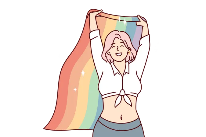 Lgbt Girl protesting with rainbow flag  Illustration