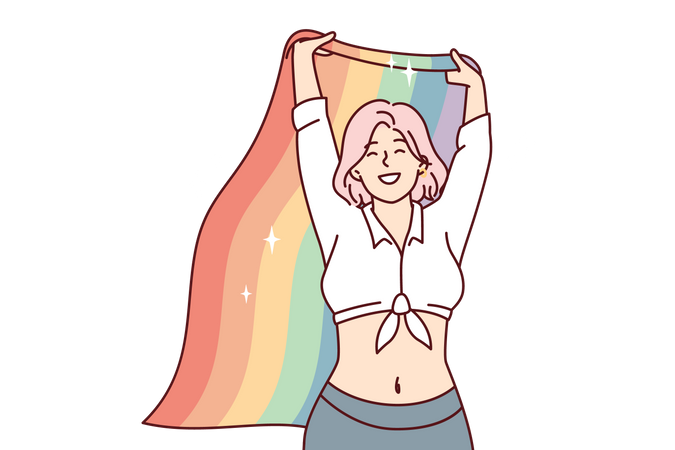 Lgbt Girl protesting with rainbow flag  Illustration