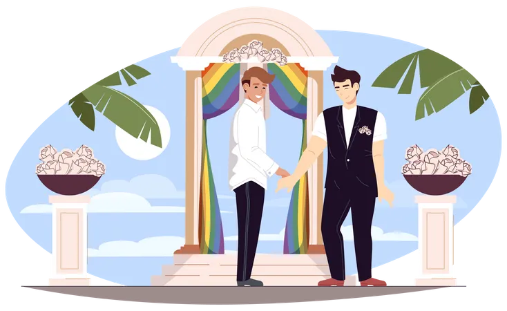 Happy LGBT Family Concept Loving Men Get Married In Wedding Suits At Festive Ceremony On Island Scene Diverse Multiracial Couple Gay Relationship Vector Illustration Of People In Flat Design Illustration