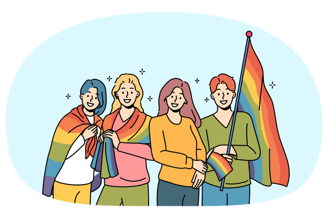 LGBT people with rainbow flags for gay parade are called to celebrate pride month  Illustration