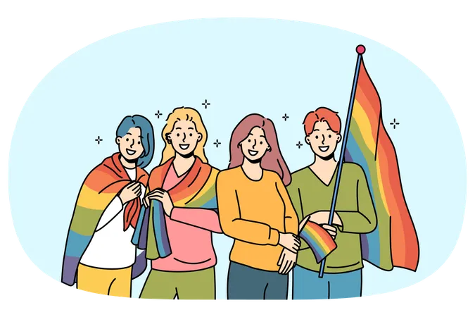 LGBT people with rainbow flags for gay parade are called to celebrate pride month  Illustration