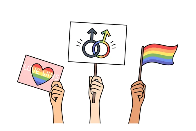 LGBT posters and flags in hands of people  Illustration