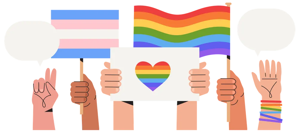 Wahrend Der Feierlichkeiten Zum Pride Month Halten Menschen Schilder Banner Und Plakate Mit LGBT Regenbogen Und Transgender Flaggen Gegen Gewalt Diskriminierung Und Menschenrechtsverletzungen Hoch Gleichheit Und Selbstbestatigung Illustration