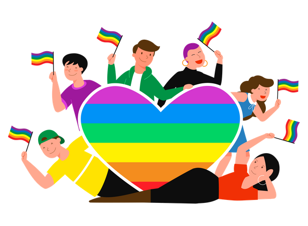 LGBT pride month concept vector illustration. Cartoon young group of lover people standing together, waving, holding rainbow heart and LGBT flag in hands, homosexual rainbow love isolated on cyan background  Illustration