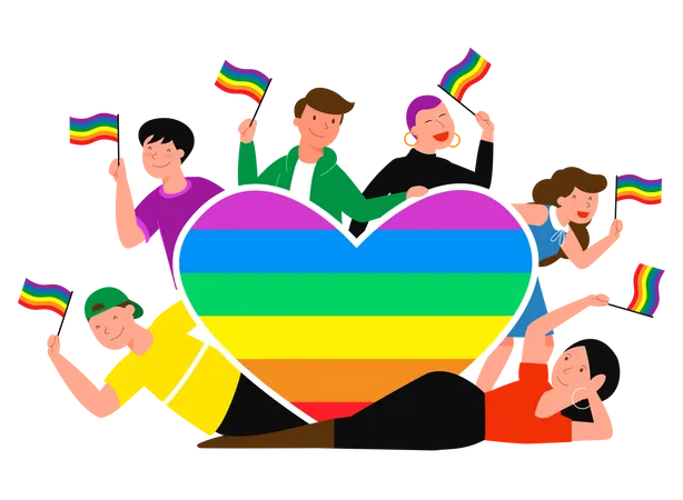 LGBT pride month concept vector illustration. Cartoon young group of lover people standing together, waving, holding rainbow heart and LGBT flag in hands, homosexual rainbow love isolated on cyan background  Illustration