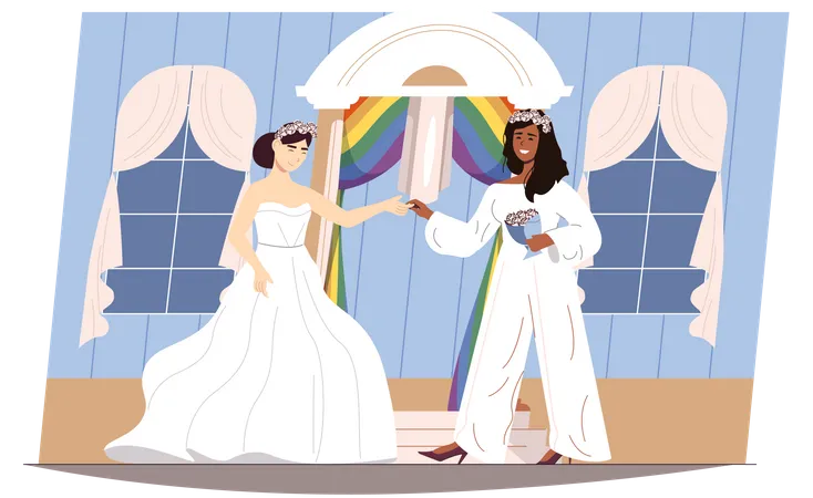 Happy LGBT Family Concept Loving Women Get Married In White Wedding Dress And Suit Ceremony Scene Diverse Multiracial Couple Lesbian Relationship Vector Illustration Of People In Flat Design Illustration