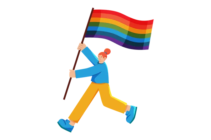 Lgbt woman protesting with rainbow flag Illustration