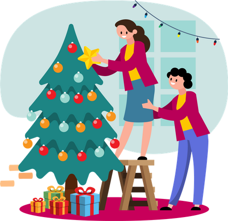LGBTQ couple decorating Christmas tree  Illustration