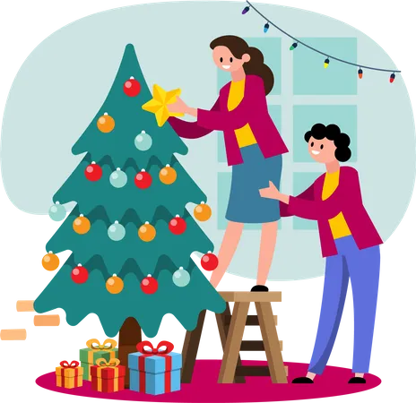 LGBTQ couple decorating Christmas tree  イラスト