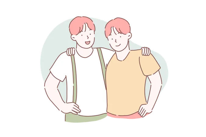 Brotherhood Friendship Partnership Concept Two Twin Brothers Embrace Each Other Guys Are Friends Standing Together Illustration