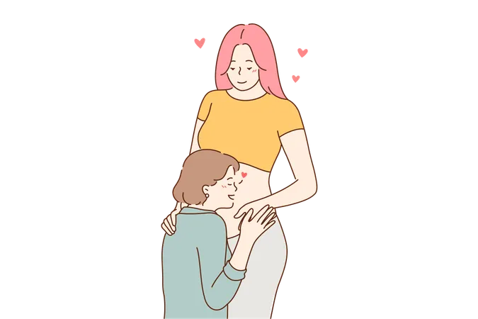 Love Couple Pregnancy Lgbtq Concept Young Woman Girl Lesbian Cartoon Character Kissing Stomach Of Pregnant Homosexual Girlfriend Wife Partner Good News And Motherhood Happiness Illustration Illustration
