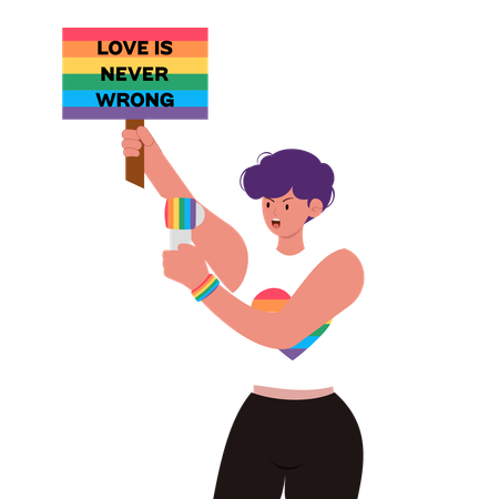 LGBTQの人々がプラカードを頭上に掲げて立っている  イラスト