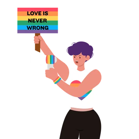 LGBTQ steht und hält ein Plakat über den Kopf  Illustration