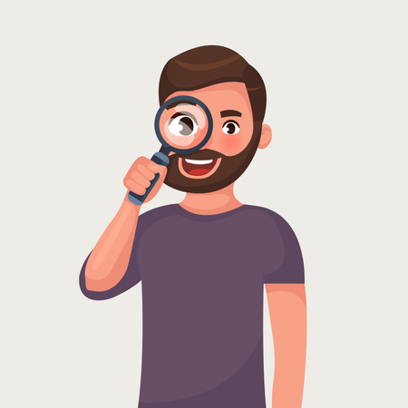 L'homme à lunettes avec barbe regarde à travers une loupe et recherche  Illustration