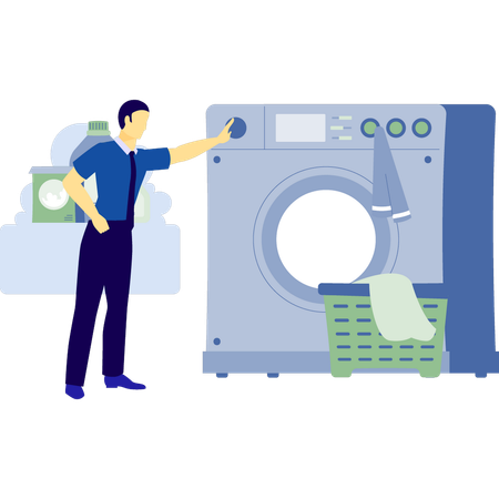 L'homme allume la machine à laver  Illustration