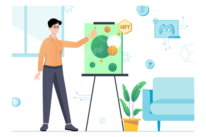 L'homme analyse les bénéfices et explique la nouvelle stratégie d'actif de numérisation  Illustration