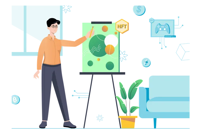 L'homme analyse les bénéfices et explique la nouvelle stratégie d'actif de numérisation  Illustration