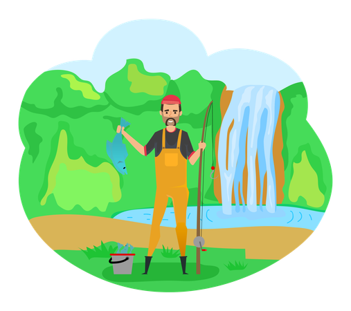 L'homme attrape du poisson avec un hameçon  Illustration