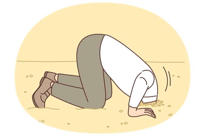 L'homme cache sa tête dans le sable comme l'autruche, selon le proverbe, tout en niant les problèmes et la lâcheté  Illustration
