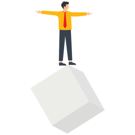 L'homme d'affaires se tient sur un cube déséquilibré  Illustration