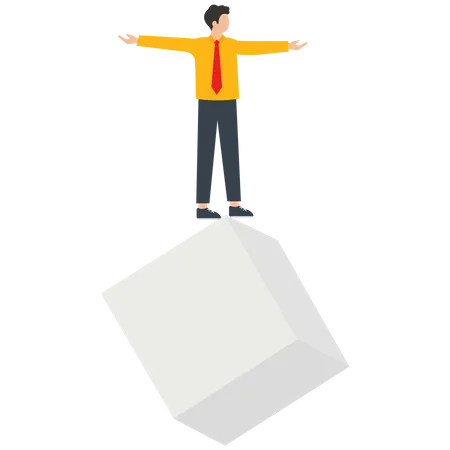 L'homme d'affaires se tient sur un cube déséquilibré  Illustration