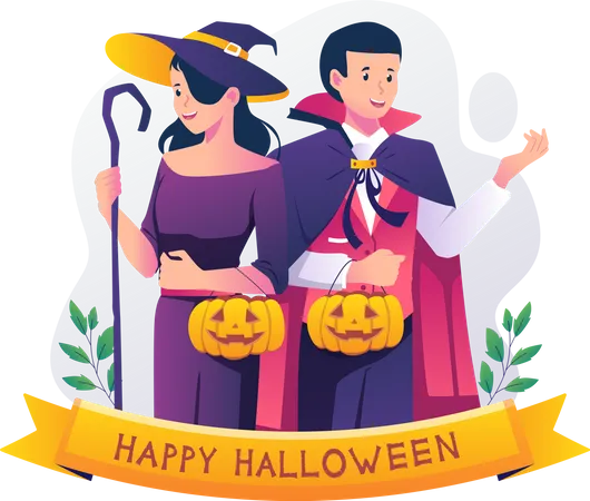 Un homme en Dracula et une femme en robe de sorcière portent des citrouilles pour célébrer la nuit d'Halloween  Illustration