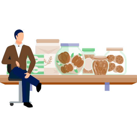 L'homme est assis sur une chaise et voit des produits de boulangerie  Illustration