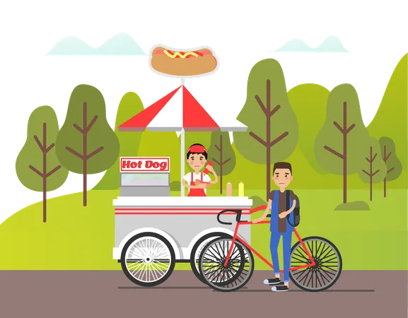 L’homme se tient près du stand de hot-dogs  Illustration