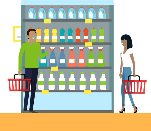 L'homme et la femme avec des paniers à la main choisissent des produits dans les étagères des magasins  Illustration