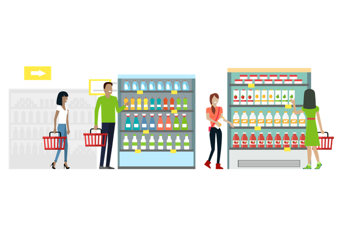 L'homme et la femme avec des paniers en mains choisissent des produits dans les étagères des magasins  Illustration