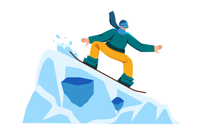 L'homme fait du snowboard sur une colline enneigée  Illustration