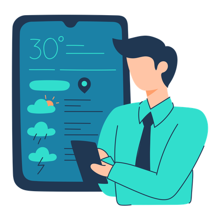 Un homme surveille l'application météo  Illustration