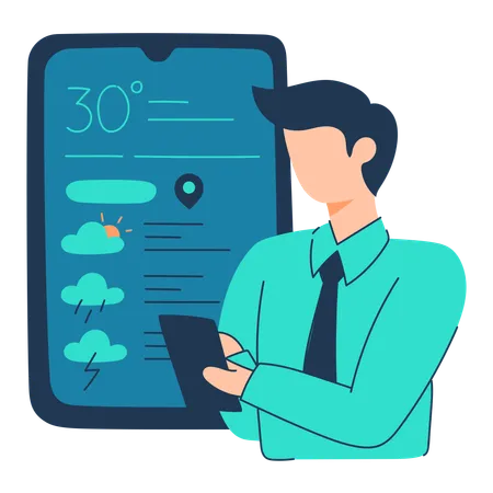 Un homme surveille l'application météo  Illustration