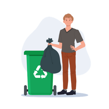 L'homme jette les déchets dans une poubelle verte avec le symbole de recyclage  Illustration